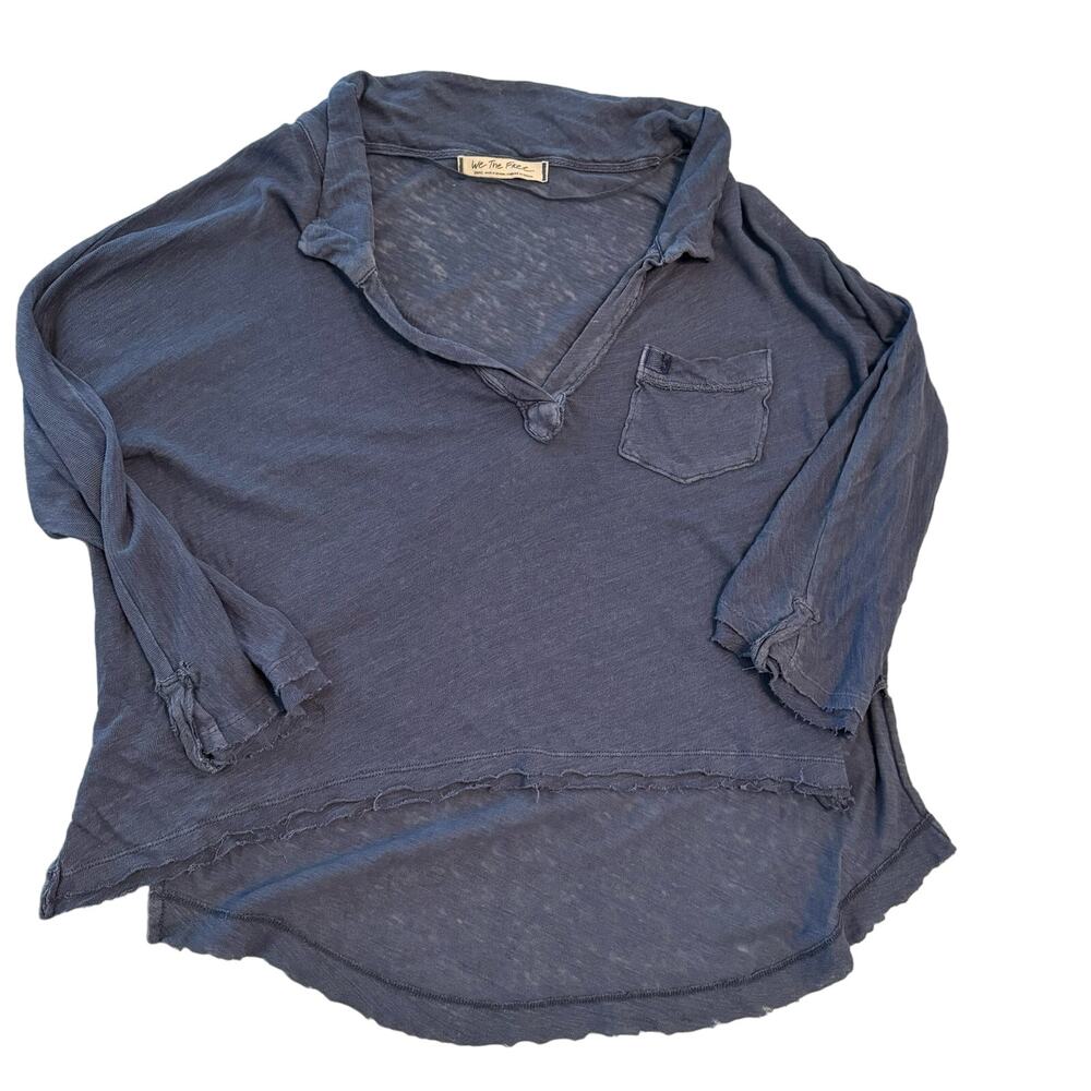 Free People Slub Knit Linen Blend Pocket Top Blue Size Small